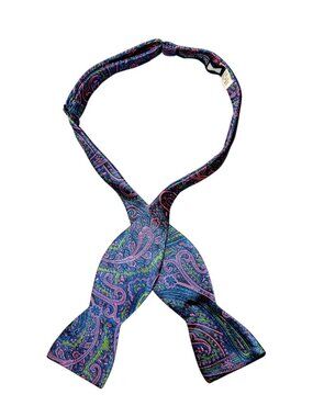 Beau Ties LTD Bow Tie Blue Pink Green Paisley Silk Self-Tie Hand Sewn USA